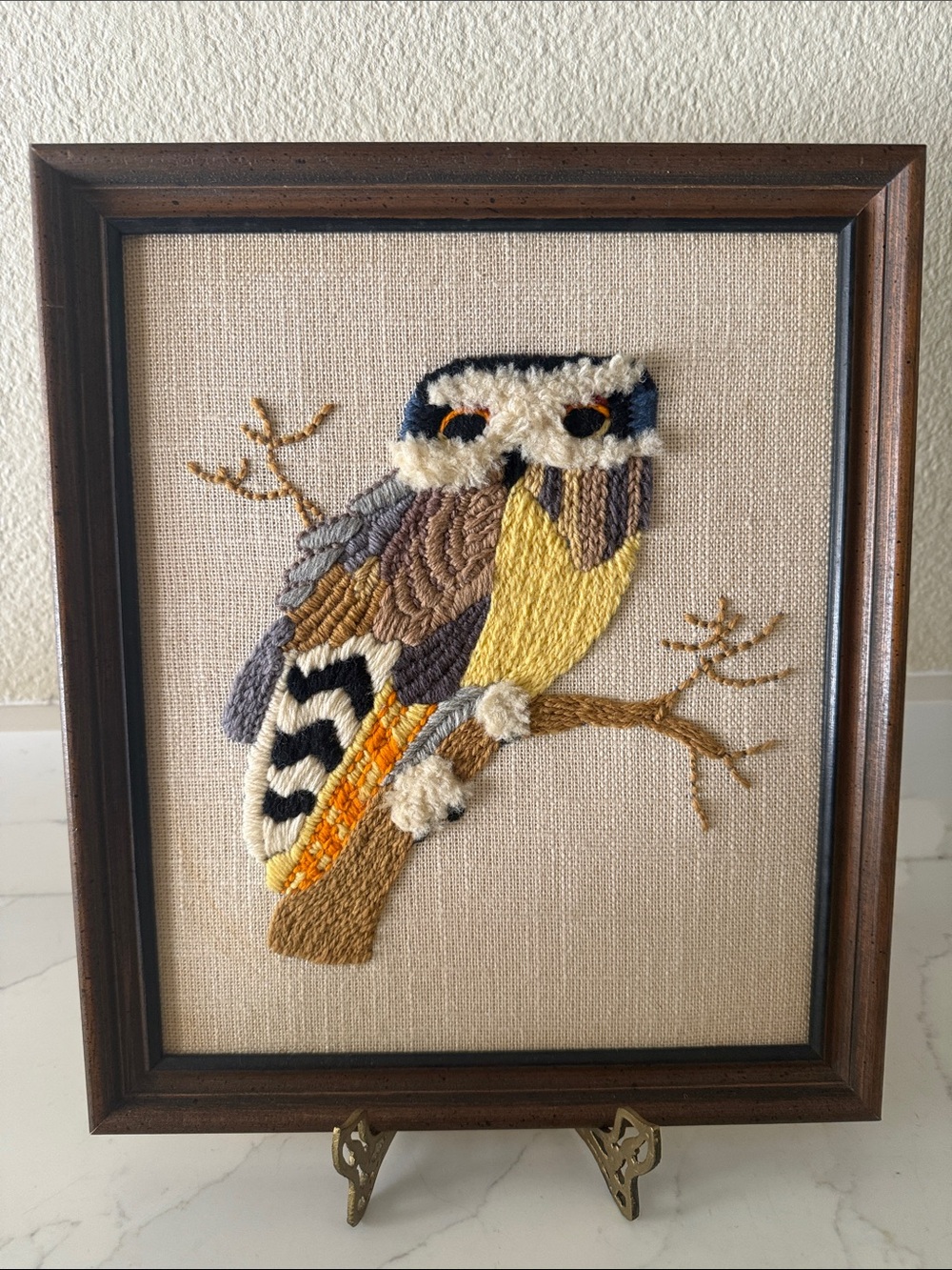Vintage 70’s Handcrafted Embroidered Owl Art Framed